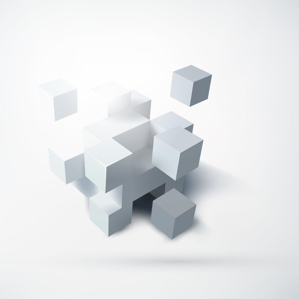 Abstract blank geometric design concept with group of 3d white cubes on light background isolated vector illustration